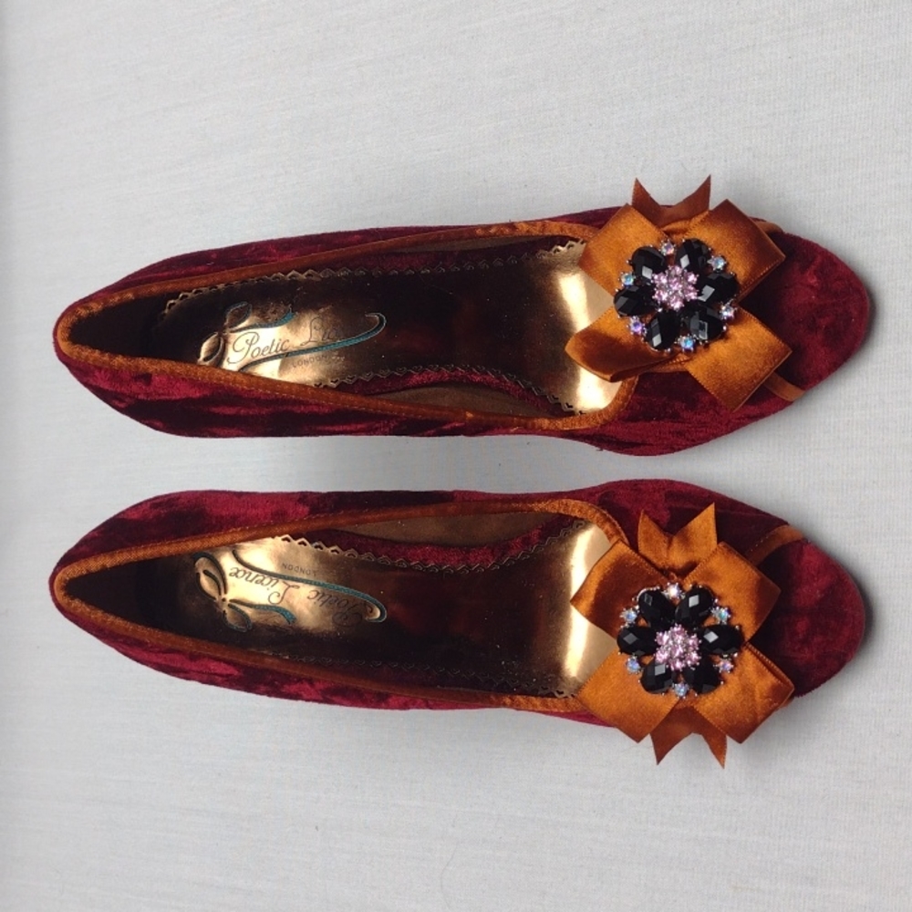 Poetic License Burgundy Velvet Heels with Gold Bow & Jewel Accent